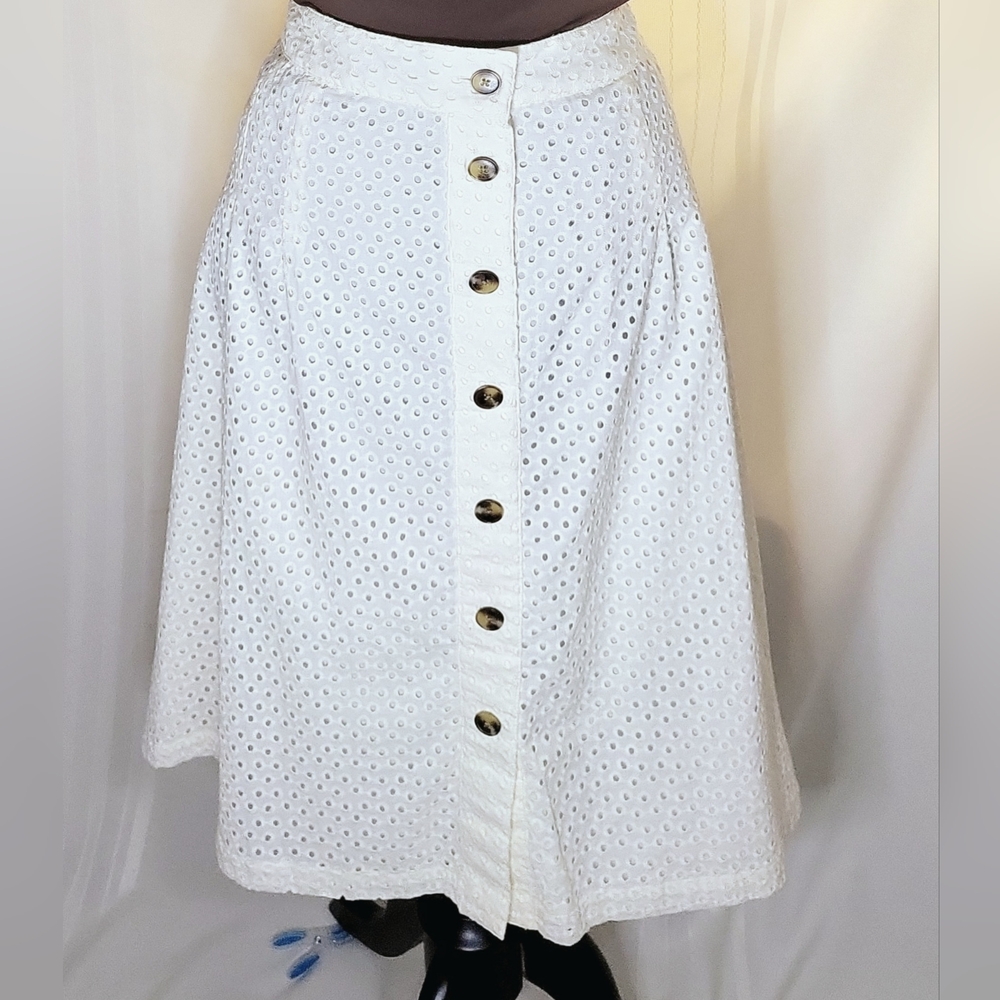 🦋Romantic Cottagecore Button-front Midi Length Ivory Eyelet Skirt - Size 2x